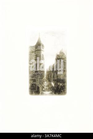 Une rue étroite bordée de bâtiments minutieusement détaillés, présentant un mélange de styles architecturaux, conduit le regard du spectateur vers un horizon lointain. La scène évoque un sens de l’histoire et du caractère, invitant à l’exploration des histoires cachées à l’intérieur., Art classique avec une touche moderne réinventé par Artotop, Maison avec une tourelle, n° 22, rue de l’Ecole de médecine, Paris (dite la tourelle de Marat), 1861, Charles Meryon (français, 1821-1868), publié par Gazette des Beaux-Arts (français, 1859-présent), France, gravure sur papier peint ivoire Banque D'Images