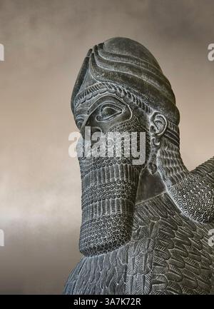 Sculpture de gypse assyrien d'un lion ailé à tête humaine moulé en plâtre. 865-860 av. J.-C., Nimrud North West Palace, original au British Museum inv no 118 Banque D'Images