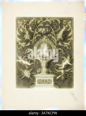 Un design décoratif complexe avec un médaillon central avec un portrait, entouré de motifs floraux élaborés et de deux figures chérubiennes engagées dans une composition harmonieuse., Art classique avec une touche moderne réinventée par Artotop, planche deux, tirée d'Un nouveau livre d'ornements, 1704, Simon Gribelin II, français, 1661-1733, France, gravure sur papier Banque D'Images