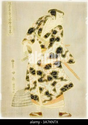 Une figure traditionnelle vêtue d'un kimono aux motifs complexes, tenant un éventail dans une main et un balai dans l'autre, se tient dans une position bien ajustée, reflétant l'élégance et l'art de la culture japonaise historique., Art classique avec une touche moderne réinventée par Artotop, Tachibanaya : Ichikawa Yaozo III comme Fuwa Banzaemon, de la série Portraits d'acteurs sur scène (Yakusha butai no sugata-woe), 1794, Utagawa 初代 歌川 豊国, Utagawa, impression japonaise, 1825, Japon, bloc Toyokunodi, 1769, Japon. oban Banque D'Images