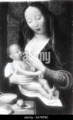 La représentation montre une mère sereine berçant son bébé, incarnant la tendresse et nourrissant. La figure est élégamment vêtue, avec des détails complexes sur son vêtement, alors qu'elle regarde avec amour l'enfant. La scène comprend une table avec des offres simples, soulignant un moment d'intimité et de soin., Art classique avec une touche moderne réinventé par Artotop, Virgin and Child, 1520/50, Netherlandish (Bruges), Bruges, huile sur panneau Banque D'Images