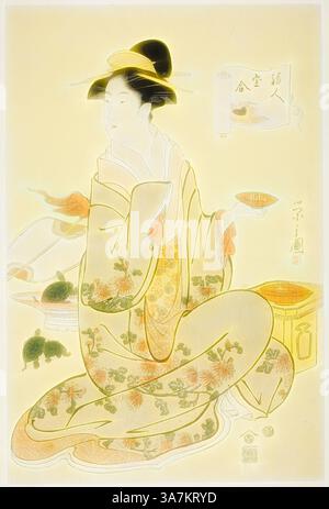 Une femme gracieuse vêtue d'un kimono élaboré orné de motifs floraux, assise élégamment tout en tenant un plat. Autour d'elle sont divers éléments traditionnels, dont un récipient alimentaire et des décorations délicates, évoquant une ambiance sereine et cultivée., Art classique avec une touche moderne réinventé par Artotop, Jurojin, de la série A Comparison of the Treasures of the Gods of Good Fortune (Fukujin takara awase), c. 1795, Chobunsai Eishi, japonais, 1756-1829, Japon, impression sur bois couleur, oban Banque D'Images