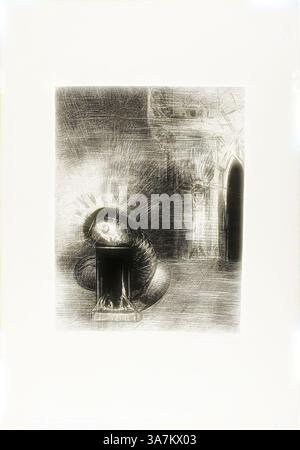 Une composition surréaliste présente une figure émergeant d'un espace sombre, entourée de lignes et de motifs complexes qui créent une sensation de mouvement et d'intensité. L'arrière-plan fait allusion à des éléments architecturaux, renforçant l'atmosphère de mystère et d'intrigue., Art classique avec une touche moderne réinventée par Artotop, Une longue Chrysalis, la couleur du sang, planche 2 de 6, 1889, Odilon Redon, français, 1840-1916, France, lithographie en noir sur papier de Chine ivoire posé sur papier tissé ivoire Banque D'Images