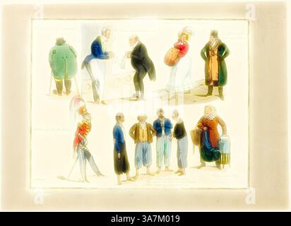 Une série d'illustrations fantaisistes représentant divers personnages en tenue historique, mettant en valeur un mélange vibrant de professions et de rôles sociaux, y compris un gentleman s'engageant dans la conversation, un couple en vêtements traditionnels, et des figures représentant différents métiers et milieux. L'œuvre capture un instantané ludique de diverses personnalités et interactions d'une époque révolue., Art classique avec une touche moderne réinventée par Artotop, plate from illustrations to Popular Songs, 1822, Henry Alken (anglais, 1785-1851), publié par Thomas McLean (anglais, actif 1790-1860), Angleterre, Soft grou Banque D'Images