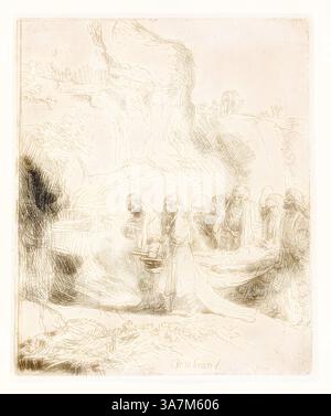 Scène représentant un groupe d'individus, rassemblés autour d'une figure centrale qui tient un objet, éventuellement dans un moment de rituel ou de deuil. Les personnages sont drapés de vêtements fluides et présentent diverses expressions de vénération et de contemplation, tandis qu'un paysage rocheux se dessine en arrière-plan, ajoutant de la profondeur au sombre rassemblement., Art classique avec une touche moderne réinventé par Artotop, Christ porté à la tombe, c. 1645, Rembrandt van Rijn, néerlandais, 1606-1669, Hollande, gravure et point sec sur papier posé blanc Banque D'Images