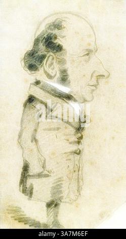 Caricature fantaisiste d'un gentleman au profil allongé, vêtu d'un costume vintage, avec un nez proéminent et une coiffure distinctive. L'œuvre capture une interprétation ludique mais détaillée des traits du sujet., Art classique avec une touche moderne réinventée par Artotop, caricature d'Eugène Marcel, 1855/56, Claude Monet, Français, 1840-1926, France, graphite, rehaussé de craie blanche, sur papier tissé gris Banque D'Images