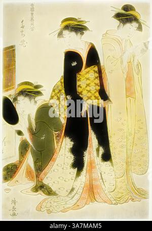 Trois personnages élégamment habillés en tenue traditionnelle participent à un moment culturel, présentant des motifs complexes et des accessoires délicats. Une figure s'agenouille tandis que les autres se tiennent debout, reflétant un comportement harmonieux et gracieux, évoquant un sens de l'élégance historique et artistique., Art classique avec une touche moderne réinventé par Artotop, artistes de la Tachibana, de la série A Collection of Contemporary Beauties of the Pleasure Quarters (Tosei yuri bijin Aase), c. 1784, Torii Kiyonaga, japonais, 1752-1815, Japon, impression sur bois couleur, oban Banque D'Images