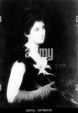 Une femme bien fixée regarde soigneusement, tenant délicatement une palette dans une main. Elle est ornée d'une tenue élégante, contrastant avec un fond sombre, qui souligne son expression sereine et sa présence gracieuse., Art classique avec une touche moderne réinventée par Artotop, Portrait de MRS Charles L. Hutchinson, 1890, Jules-Élie Delaunay, français, 1828-1891, France, huile sur toile Banque D'Images