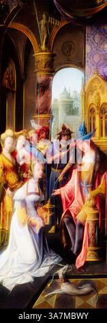 Une scène royale se déroule alors qu'une noble femme s'agenouille devant un monarque assis, présentant une couronne. Autour d'eux se trouvent des préposés élégamment habillés, chacun présentant des détails complexes de leur tenue vestimentaire. Une architecture majestueuse forme la toile de fond, évoquant une ambiance de cour puissante. Les personnages affichent un mélange d'intrigue et de révérence, capturant un moment d'importance cérémonielle., Art classique avec une touche moderne réinventé par Artotop, Roi Salomon recevant la Reine de Sheba, 1515/20, Maniériste d'Anvers (Maître du Groupe d'Adoration d'Anvers), Netherlandish, Belgique, huile sur panneau, transféré à CAN Banque D'Images