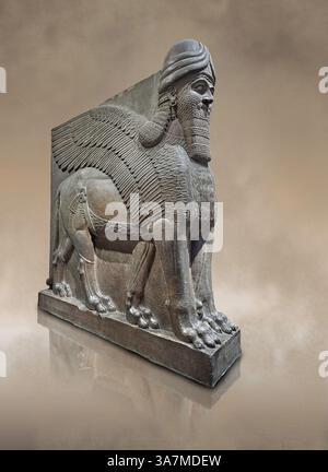 Sculpture de gypse assyrien d'un lion ailé à tête humaine. 865-860 av. J.-C., Nimrud North West Palace, British Museum inv no 118801. Banque D'Images