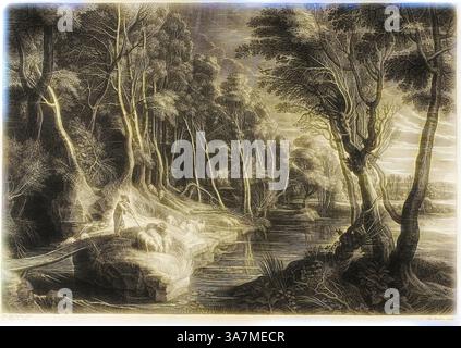 Un paysage serein présente une rivière sinueuse bordée d'arbres denses, avec une figure debout sur un éperon rocheux, regardant les eaux tranquilles. La lumière douce filtre à travers le feuillage, créant une atmosphère paisible qui invite à la contemplation de la beauté de la nature., Art classique avec une touche moderne réinventé par Artotop, Forêt traversée par un ruisseau, des petits paysages, c. 1638, Schelte Adamsz. Bolswert (néerlandais, actif en Flandre, c. 1586-1659), d'après Peter Paul Rubens (flamand, c. 1577-1640), Flandre, gravure sur papier couché à la crème Banque D'Images