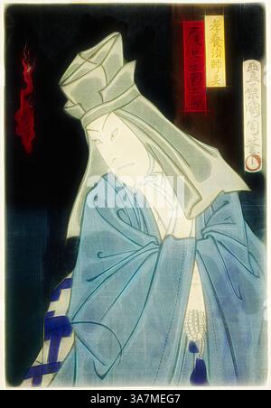 Un personnage vêtu de robes traditionnelles avec une coiffe élaborée, exsudant une aura de sagesse et d'autorité. Le personnage apparaît contemplatif, entouré d'une calligraphie vibrante et d'éléments symboliques qui font allusion à un riche récit culturel., Art classique avec une touche moderne réinventé par Artotop, l'acteur Onoe Kikugoro comme le fantôme de Koyo Hoshi, 19ème siècle, Toyohara Kunichika, japonais, 1835-1900, Japon, impression sur bois couleur, feuille droite de triptyque oban Banque D'Images