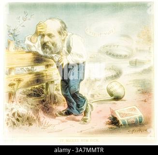 Un homme s'appuie contre une clôture en bois, paraissant troublé et profondément dans la pensée. Autour de lui se trouvent des références symboliques à des questions comme la censure publique et la réputation ternie, véhiculant un sentiment de détresse., Art classique avec une touche moderne réinventée par Artotop, It Makes Him Sick, de Puck, publié le 18 août 1880, Joseph Keppler, américain, 1638-1894, États-Unis, lithographie couleur sur papier journal Banque D'Images