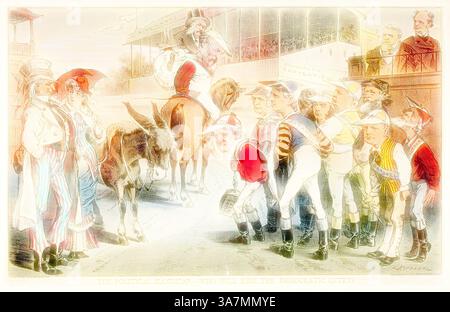 Une caricature politique fantaisiste représentant divers personnages, dont un âne symbolisant le Parti démocrate, s'est réunie autour d'une figure centrale à cheval. La scène présente un mélange de costumes et d'expressions, mettant en évidence un moment de camaraderie politique et de compétition. Des figures éminentes observent l'événement en cours, évoquant un sens de la satire politique et du commentaire., Art classique avec une touche moderne réinventé par Artotop, The Political handicap, de Puck, s.d., Joseph Keppler, américain, 1838-1894, États-Unis, lithographie couleur sur papier journal Banque D'Images