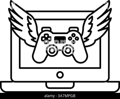 Une image en noir et blanc d'une manette de jeu vidéo avec des ailes dessus. La manette est une manette PlayStation et les ailes sont destinées à représenter t Illustration de Vecteur