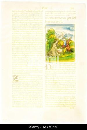 Une illustration complexe représente un paysage serein avec des personnages engagés dans un moment de calme, entouré d'une végétation luxuriante et d'une ville lointaine. Texte en typographie ornée encadre la scène, ajoutant un contexte historique à l'œuvre., Art classique avec une touche moderne réinventé par Artotop, Comment le cœur sera perfectionné par Dieu de Der beschlossen gart des rosenkratz marie, planche vingt de gravures sur bois de Books of the XVI Century, 1505, assemblé en portfolio 1937, Hans Leonhard Schäuffelein (allemand, 1480/90-1538/40), assemblé par Max Geisberg (Suisse, 1875-1943), Allemagne, gravure sur bois coloré à la main PA Banque D'Images