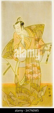 Une figure traditionnelle vêtue d'un kimono fluide, ornée de motifs complexes, tient une épée à l'expression contemplative. La tenue élégante et la posture raffinée évoquent un sentiment d'importance historique et de beauté culturelle., Art classique avec une touche moderne réinventé par Artotop, l'acteur Ichikawa Danjuro V comme Chichibu no Shigetada, c. 1773, Katsukawa Shunsho 勝川 春章, japonais, 1726-1792, Japon, impression couleur sur bois, hosoban, à partir d'une composition multi-feuilles ( ?) Banque D'Images