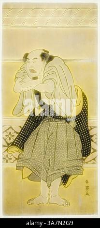 Une figure traditionnelle vêtue d'un kimono à motifs semble exprimer de fortes émotions, avec un sourcil sillonné et des bras sillonnés. Les détails complexes des vêtements et des éléments de fond reflètent un art culturel distinct., Art classique avec une touche moderne réinventé par Artotop, l'acteur Asao Tamejuro I comme Drunken Gotobei dans la pièce Yoshitsune Koshigoe JO, jouée au théâtre Ichimura dans le neuvième mois, 1790, c. 1790, Katsukawa Shun’EI, japonais, 1762-1819, Japon, impression sur bois couleur, hosoban Banque D'Images