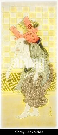 Un homme fatigué porte une grande structure en bois sur son dos, ornée de motifs complexes. Sa tenue traditionnelle reflète un savoir-faire historique, tandis que son expression transmet un fort sentiment de détermination et de résilience. L'arrière-plan présente un design géométrique, améliorant la profondeur culturelle de la scène., Art classique avec une touche moderne réinventée par Artotop, l'acteur Asao Tamejuro I dans le rôle de Drunken Gotobei dans l'acte trois de la pièce Yoshitsune Koshigoe JO (pétition Koshigoe de Yoshitsune), joué au théâtre Ichimura à partir du neuvième jour du neuvième mois, 1790, c. 1790, Katsukawa Shun'ei, Ja Banque D'Images