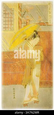 Un personnage serein habillé dans une tenue traditionnelle tient une lanterne, debout gracieusement sous un parapluie jaune vif. La toile de fond présente des structures en bois complexes et des motifs floraux subtils, évoquant un sentiment d'élégance culturelle et de tranquillité., Art classique avec une touche moderne réinventé par Artotop, Night Rain of Genjo (Genjo no yau), de la série parodies de huit scènes de Noh chants (Furyu utai hakkei), c. 1767, Suzuki Harunobu 鈴木 春信, japonais, 1725 ( ?)-1770, Japon, tirage sur bois couleur, hosoban Banque D'Images