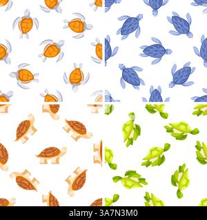 Quatre motifs sans couture avec des tortues marchant et nageant dans différentes couleurs Illustration de Vecteur