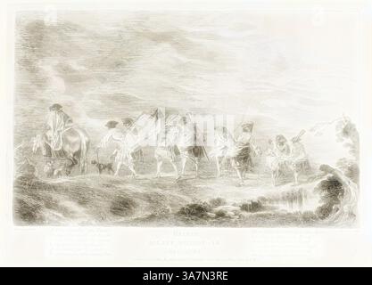Un groupe de soldats, vêtus d'uniformes d'époque, marche le long d'un paysage pittoresque, accompagné d'un cheval et d'un chien. Ils apparaissent concentrés sur leur voyage, avec des collines ondulantes et une voie navigable tranquille en arrière-plan, capturant un moment de la vie militaire dans un cadre historique., Art classique avec une touche moderne réinventée par Artotop, recrues qui vont rejoindre le Régiment, 1717-26, Henri-Simon Thomassin (français, 1687-1741), d'après Antoine Watteau (français 1684-1721), publié par François Chéreau (français 1680-1729), gravure, France, gravure sur papier blanc cassé Banque D'Images