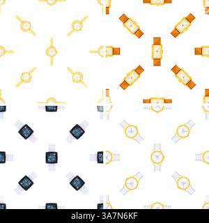 Modèle sans couture avec des montres classiques et intelligentes montrant différents designs et couleurs Illustration de Vecteur