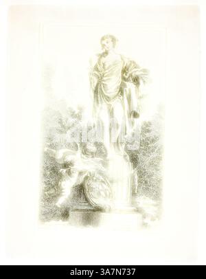 Une statue classique d'une figure drapée se dresse élégamment sur un piédestal, tenant un rouleau et entourée d'un feuillage complexe. À la base, un bouclier repose à côté d’une figure ludique, mettant l’accent sur les thèmes de la connaissance et de la liberté., Art classique avec une touche moderne réinventé par Artotop, deux amants donnant grâce à la statue de la santé, s.d., Ange Laurent de la Live de Jully (1725-1779), d’après François Boucher (1703-1770), France, gravure en noir sur papier posé sur ivoire Banque D'Images