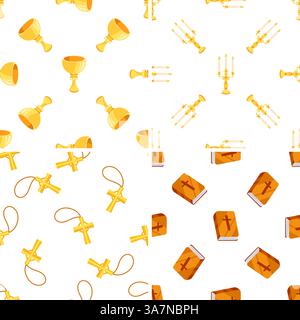Modèle sans couture avec calice doré, chandelier, croix et Bible célébrant la foi chrétienne Illustration de Vecteur