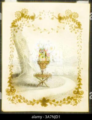 Une scène magnifiquement illustrée avec un grand vase orné de fleurs éclatantes, perché sur un support décoratif. La toile de fond présente un chemin sinueux entouré d’arbres luxuriants et d’un feuillage doux, le tout encadré par une bordure au design complexe riche en motifs floraux., Art classique avec une touche moderne réinventée par Artotop, nature’s Gems, c. 1844, Edwin Whitefield, américain, 1816-1892, États-Unis, lithographie rehaussée de peinture dorée et aquarelle sur papier tissé crème Banque D'Images