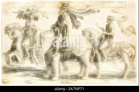 Trois figures majestueuses à cheval, chacune ornée d'une tenue élaborée qui reflète leur signification historique. La figure centrale, drapée de vêtements royaux, attire l'attention, flanquée d'un guerrier d'un côté et d'une figure avec une coiffe à plumes de l'autre. La scène transmet un sentiment de puissance et de grandeur, rappelant les légendes anciennes et les contes épiques., Art classique avec une touche moderne réinventé par Artotop, Hector de Troie, Alexandre de Macédoine, Jules César, des neuf héros, c. 1520, Lucas van Leyden, pays-Bas, c. 1494-1533, pays-Bas, gravure sur bois en noir sur deux feuilles de la Banque D'Images