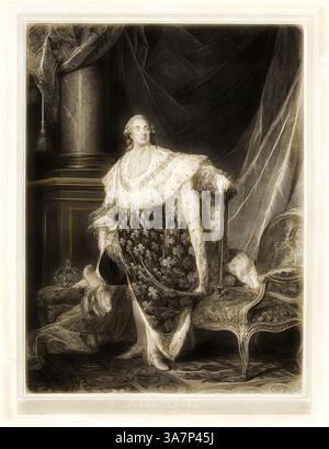 Une figure royale se dresse élégamment dans une tenue opulente, ornée de motifs complexes et de tissus luxueux. Ils tiennent un sceptre, dégageant un air d'autorité, tout en étant entourés d'un décor somptueux et de symboles de la royauté, suggérant statut et grandeur., Art classique avec une touche moderne réinventé par Artotop, Louis seize, c. 1793, Johann Gotthard von Müller (allemand, 1747-1830), d'après Joseph Siffred Duplessis (français, 1725-1802), publié par Johann Friedrich Frauenholz (allemand, 1758-1822), imprimé par François Dominique Ramboz (acte. 1787-1819), Allemagne, gravure, avec gravure, en noir sur papier Banque D'Images