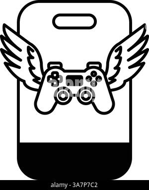 Image en noir et blanc d'une manette PlayStation avec des ailes. Les ailes donnent au contrôleur une apparence ludique et amusante, ce qui le distingue Illustration de Vecteur