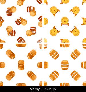 Modèle sans couture avec des tonneaux en bois couchés, debout et coupés en deux, vus sous différents angles Illustration de Vecteur