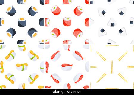 Ensemble de motifs sans couture avec divers rouleaux de sushi, nigiri, onigiri et baguettes, célébrant la cuisine japonaise Illustration de Vecteur