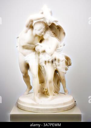 Sculpture détaillée représentant un homme et une femme, élégamment drapés de vêtements fluides, avec l'homme tenant la femme et un enfant proches. La composition transmet un sentiment de protection et de tendresse, soulignant le lien émotionnel entre les figures. Leurs expressions et poses évoquent des thèmes d'amour, de famille et de soutien., Art classique avec une touche moderne réinventé par Artotop, vol de Pompéi, 1873, Giovanni Maria Benzoni, Italien, 1809-1873, Rome, marbre Banque D'Images