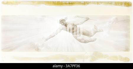 Une figure dynamique d'un homme musclé semble s'élever à travers un ciel radieux, tenant une matraque ou un bâton, évoquant un sentiment de mouvement et de puissance. L'arrière-plan présente des nuages doux et lumineux qui améliorent la qualité éthérée de la scène., Art classique avec une touche moderne réinventée par Artotop, I Dreamt I Saw Thee Robed in Purple Flakes, 1885, Will Hicock Low, American, 1853-1932, États-Unis, gouache grise et blanche, avec des touches de gouache noire, sur panneau stratifié de pâte de bois crème Banque D'Images