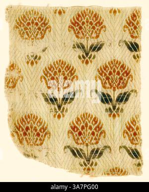 Un fragment de textile ancien avec un motif répétitif de motifs floraux stylisés, avec des couleurs vibrantes et des motifs complexes, mettant en valeur un mélange harmonieux de nature et d'art., Art classique avec une touche moderne réinventé par Artotop, fragment, 1650/1700, Allemagne ou pays-Bas, Allemagne, lin et laine, tissage Uni avec trame supplémentaire Banque D'Images