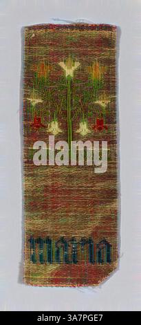 Un textile décoratif avec un design floral vibrant avec des motifs et des couleurs complexes, y compris des fleurs stylisées et des formes géométriques à la base., Art classique avec une touche moderne réinventé par Artotop, fragment (from an Orphrey Band), 15ème siècle, Allemagne, Cologne, Cologne, Cologne, soie, lin et lin enveloppé dans un substrat d'animal doré, bandes de trame complémentaire à quatre couleurs, armure sergée 1 :2 's' à face flottante avec trames intérieures et armure de trame complémentaire à deux couleurs, armure chevron 1 :2 à face flottante avec chaînes intérieures Banque D'Images