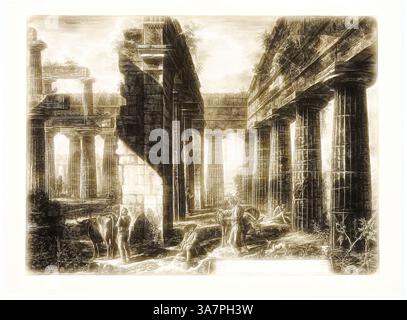 Une scène architecturale grandiose avec des colonnes imposantes et des ruines en ruine, entourée de verdure luxuriante et d'eau qui coule. Les figures peuvent être vues engageant avec le paysage, créant un sentiment de vie au milieu des vestiges d'une civilisation ancienne. L'interaction de la lumière et de l'ombre ajoute de la profondeur à l'atmosphère, évoquant un sens du mystère et de l'histoire., Art classique avec une touche moderne réinventé par Artotop, vue intérieure des vestiges de l'un des pronaoi du temple de Neptune qui fait face à l'intérieur, de différentes vues de Paestum, 1778, Giovanni Battista Piranesi, italien, 1720-1778, Italie, Etchi Banque D'Images