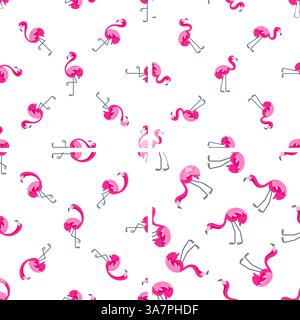 Motif sans couture de flamants roses affichant diverses poses sur fond blanc Illustration de Vecteur