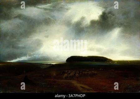 Un paysage sombre se déploie avec des nuages spectaculaires qui se dressent au-dessus du ciel, projetant une atmosphère sombre sur des collines lointaines. Au premier plan, un groupe de moutons pèle paisiblement, tandis qu'une figure solitaire regarde de l'ombre, ajoutant un sentiment de réflexion tranquille à la scène., Art classique avec une touche moderne réinventé par Artotop, The Storm, 1876, George Inness, American, 1825-1894, États-Unis, huile sur toile Banque D'Images