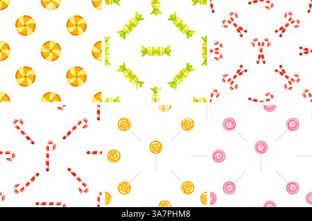 Motifs sans couture avec bonbons, sucettes et cannes de bonbons créant une atmosphère festive Illustration de Vecteur