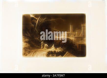 Un paysage serein avec une figure solitaire et un cheval reposant près d'une colline, avec une ville lointaine et des structures imposantes silhouettées sur un ciel spectaculaire. La scène évoque un sentiment de tranquillité et de contemplation au milieu de la nature., Art classique avec une touche moderne réinventé par Artotop, dixième peste d'Egypte, planche 61 du Liber Studiorum, publié le 1er janvier 1816, Joseph Mallord William Turner (anglais, 1775-1851), gravé par William Say (1768-1834), Angleterre, gravure et gravure en brun sur papier crème Banque D'Images