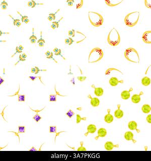 Motifs sans couture avec des bijoux en or avec des pierres précieuses colorées, des pendentifs répétitifs et des boucles d'oreilles Illustration de Vecteur