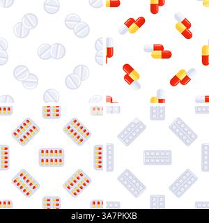 Modèle sans couture avec des pilules colorées, des capsules et des ampoules sur fond blanc Illustration de Vecteur