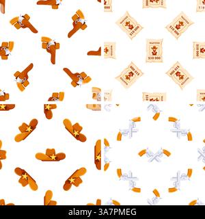 Motifs sans couture avec des accessoires de cow-boy tels que des pistolets, des chapeaux et des affiches recherchées Illustration de Vecteur