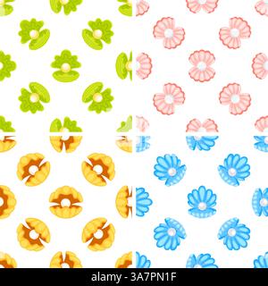 Ensemble de motifs sans couture de coquilles de perles d'huître ouvertes colorées Illustration de Vecteur
