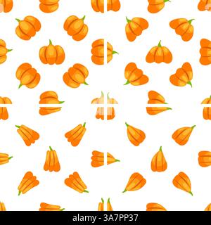 Modèle sans couture avec des citrouilles, entières, coupées en deux et en quartiers, tournant sur fond blanc Illustration de Vecteur