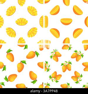 Modèle sans couture avec des fruits de mangue frais, des tranches, des fleurs et des feuilles montrant différents stades de maturité Illustration de Vecteur